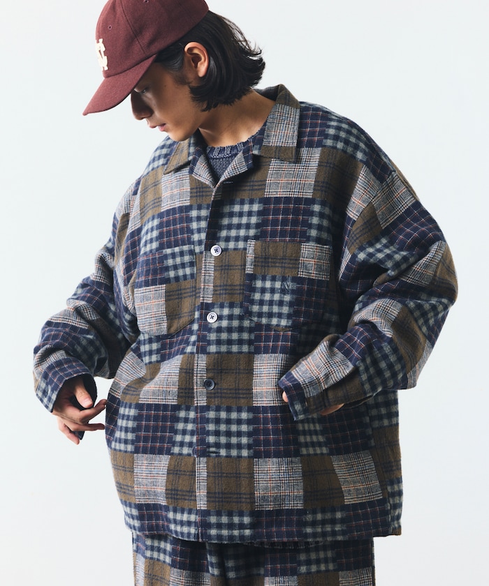 リラックスフィット パッチワーク オープンカラー ネルシャツ