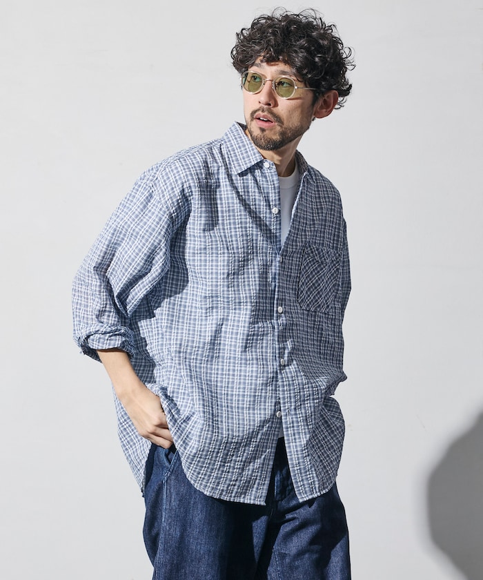 別注 シアサッカー レギュラーカラー ロングスリーブ チェックシャツ