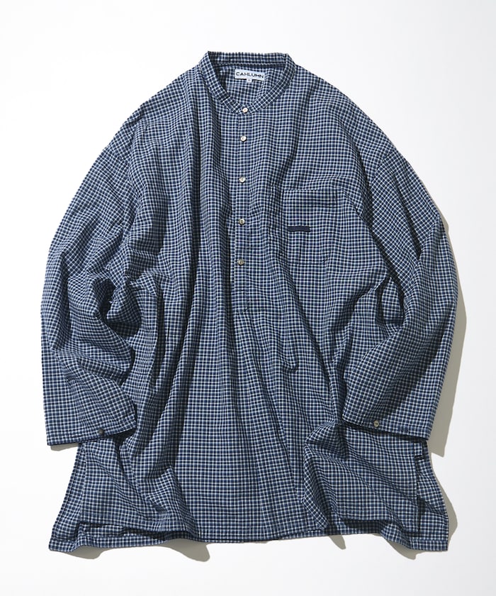 Indigo Madras Check Pullover Stand Collar Shirt
