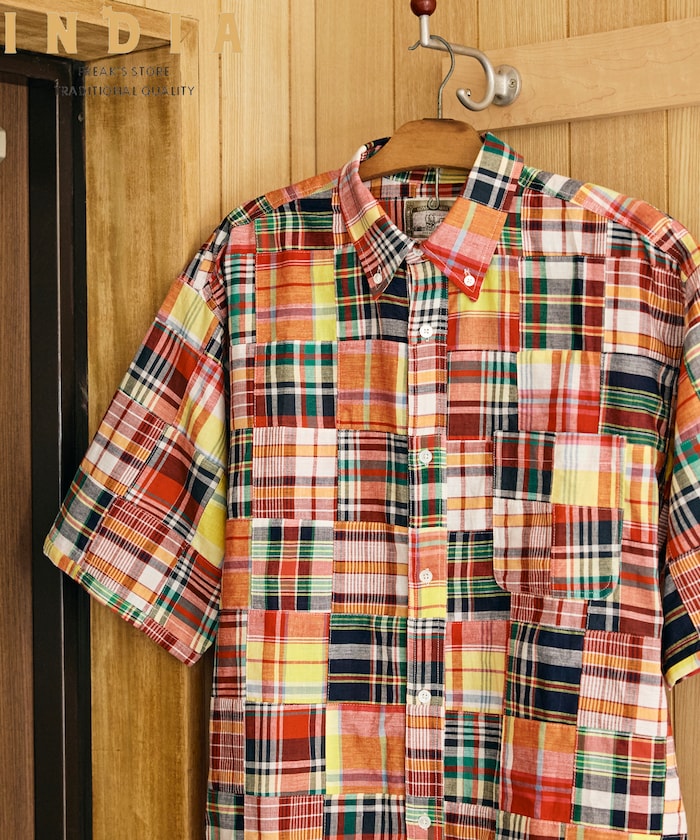 インド製 リラックスフィット マドラスチェック パッチワーク ボタンダウンシャツ ショートスリーブ