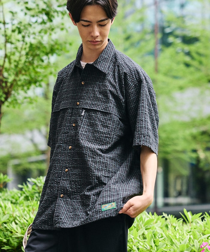 別注 フィッシングポケット ショートスリーブ シアサッカー スピンドル チェックシャツ