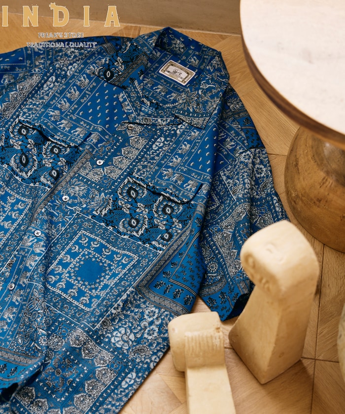 インド製 リラックスフィット ペイズリー柄プリント オープンカラーシャツ ショートスリーブ バンダナ柄