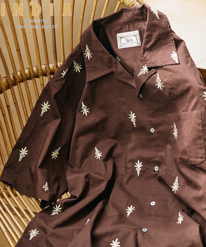 インド製 総柄 刺繍 リラックスフィット オープンカラーシャツ ショートスリーブ