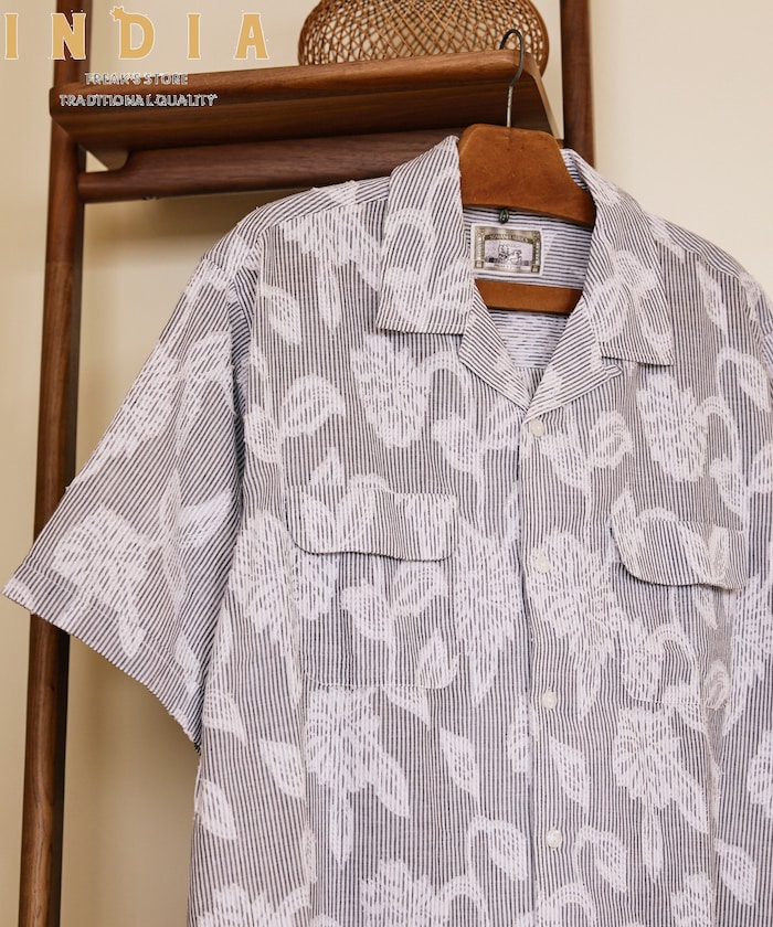 インド製 リラックスフィット カットジャカード ストライプ オープンカラーシャツ ショートスリーブ