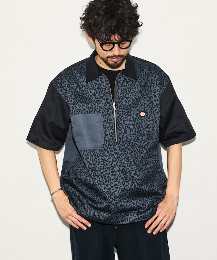 【新色追加】 別注 リラックスフィット ハーフジップ ワンポイントロゴ 半袖ツイルワークシャツ