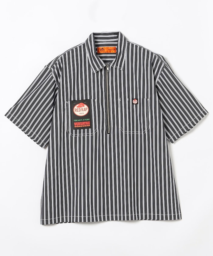 別注 リラックスフィット ハーフジップ ワンポイントロゴ 半袖ワークシャツ/チェック