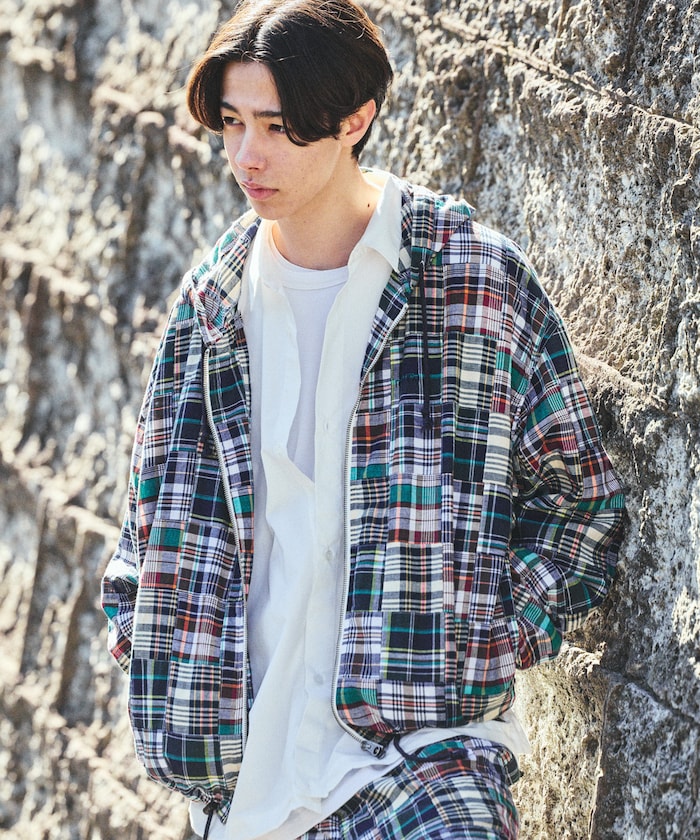 ビッグシルエット パッチワーク マドラスチェック ジップアップ マリンパーカー