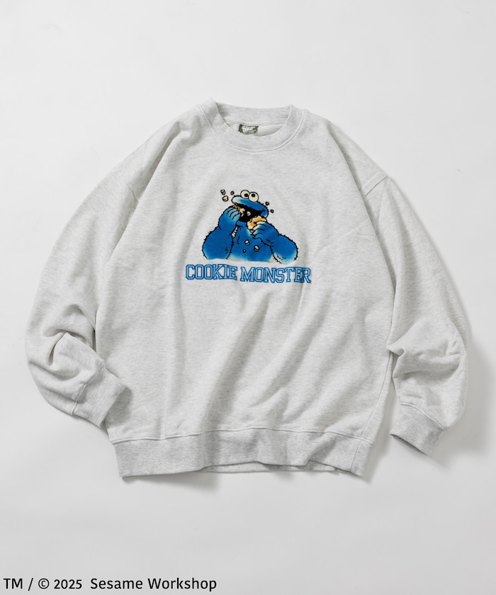 SESAME STREET / セサミストリート クッキーモンスター フロッキープリント クルーネック スウェット