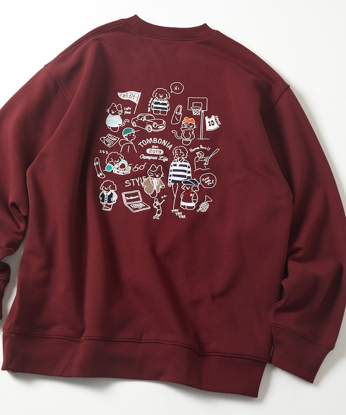 tombonia コラボ ムック＆ミッケ キャンパスライフ バックプリント クルーネック スウェット