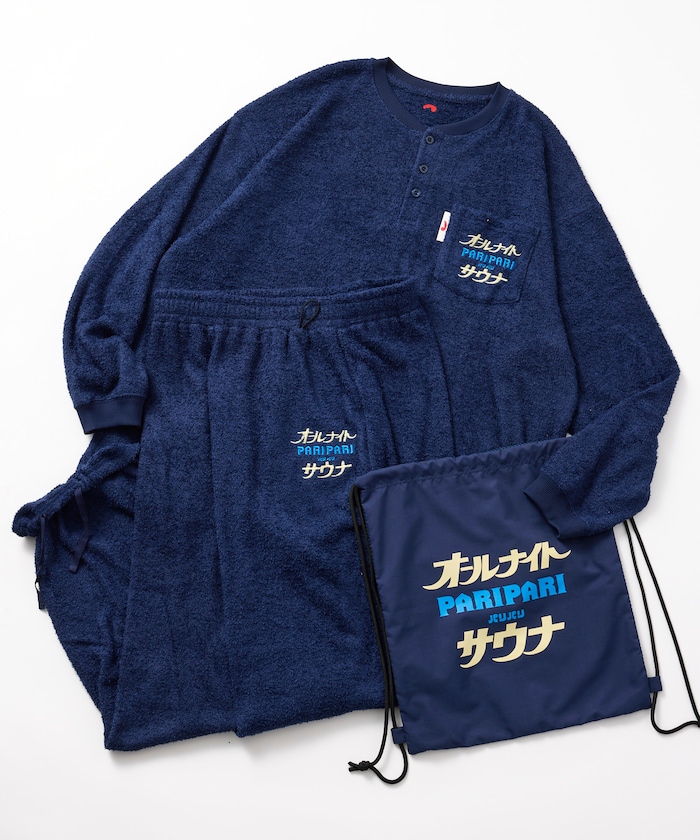 SAUVENIR×FREAK'S STORE 別注 オールナイトサウナ PARIPARI KANNAIGI ロングスリーブ ブークレ セットアップ ナップサック付き