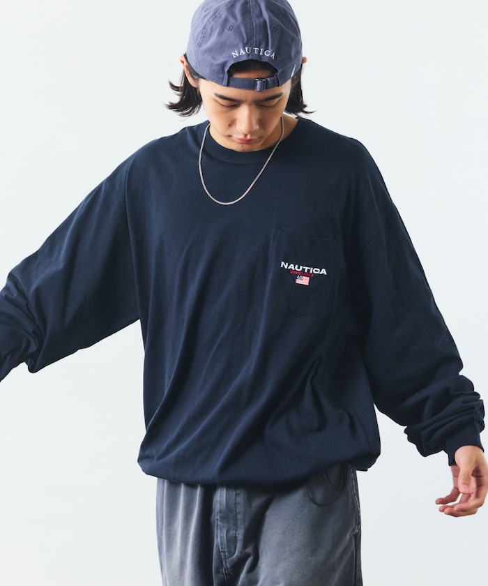 リラックスフィット フラッグロゴ ヘムコード ロングスリーブ ポケットTシャツ