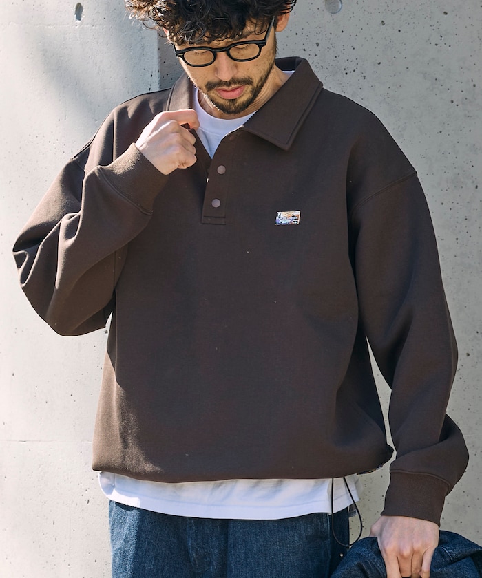 ビッグシルエット スピンドル ダンボール ワンポイントロゴ ポロカラースウェット