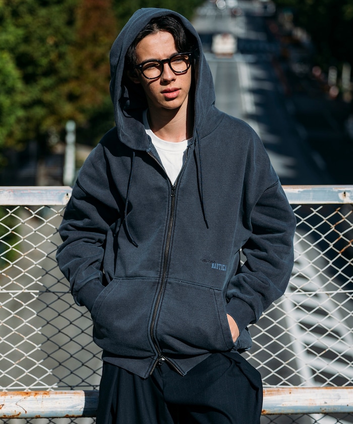 ピグメント加工 HIDDEN LOGO スウェット ダブルジップパーカー