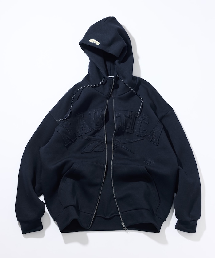 【10月9日12:00販売開始】Reebok × NAUTICA ダブルネーム アーチロゴ ダンボール ジップアップ スウェットフーディ/ジップパーカー