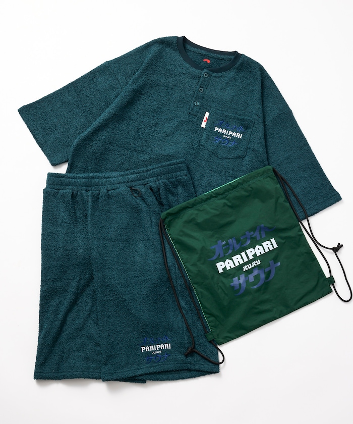 SAUVENIR×FREAK'S STORE 別注 オールナイトサウナ PARIPARI KANNAIGI ショートスリーブ ブークレ セットアップ ナップサック付き