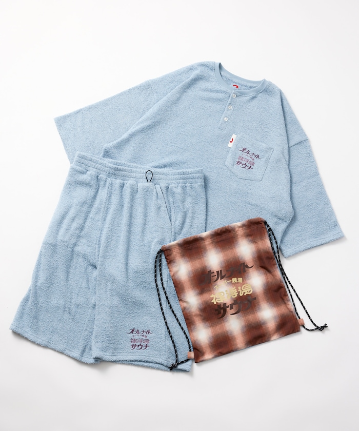 SAUVENIR×FREAK'S STORE 別注 オールナイトサウナ セントチヒロ・チッチ スーパー銭湯 裸浮湯 KANNAIGI ショートスリーブ ブークレ セットアップ ナップサック付き