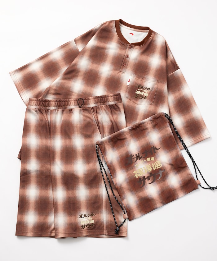SAUVENIR×FREAK'S STORE 別注 オールナイトサウナ セントチヒロ・チッチ スーパー銭湯 裸浮湯 KANNAIGI ショートスリーブ裏毛セットアップ ナップサック付き
