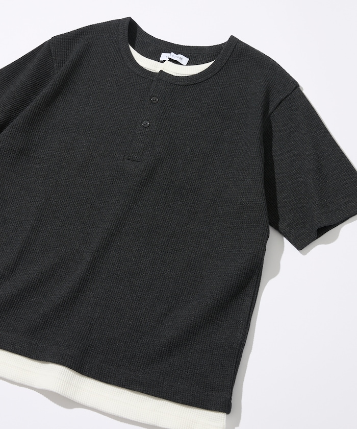 ワッフル フェイクレイヤード ヘンリーネック Tシャツ