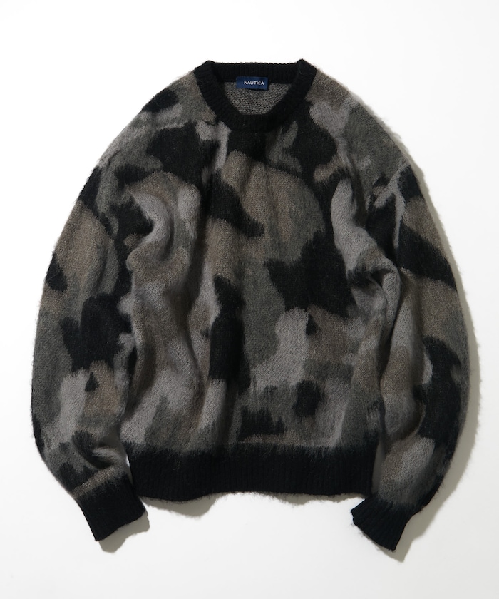 モヘア混 迷彩ジャカード クルーネックニット プルオーバー