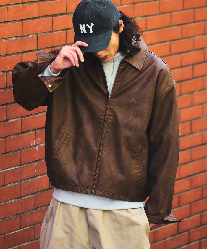 【新品】NAUTICA ノーティカ フェイデッド レザレッド ブルゾン Lサイズ NAUTICA/フェード加工 レザレッド ショート丈 ジップブルゾン