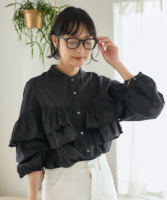 インドボイル フリルロングスリーブブラウス