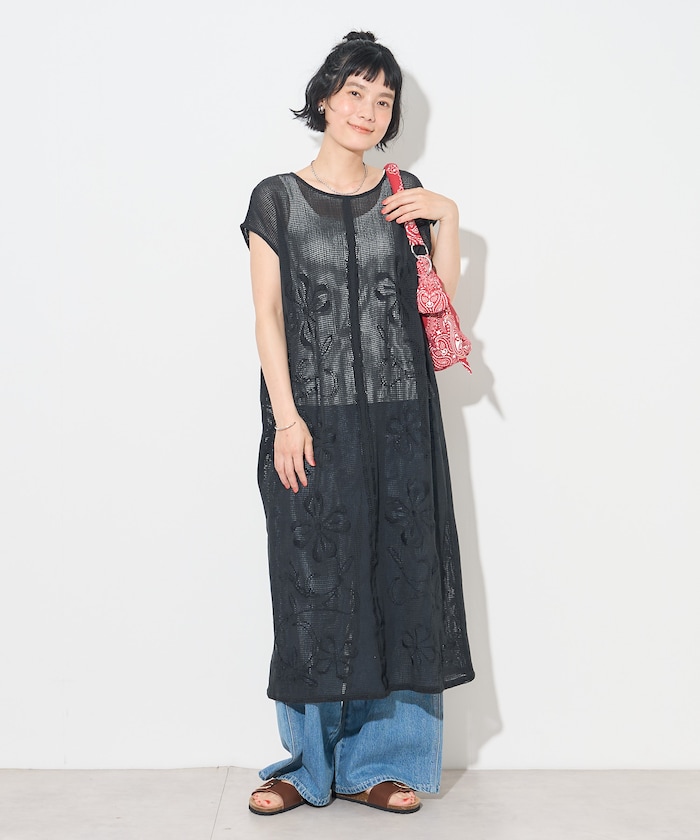 インド メッシュ刺繍ノースリーブワンピース