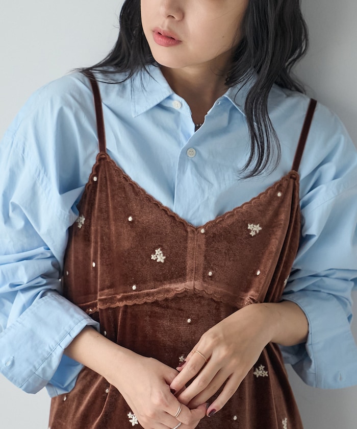 ベロア刺繍 スカラップキャミワンピース