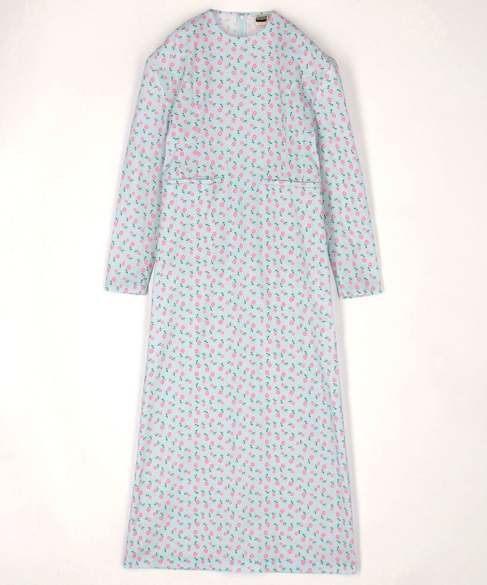 FLOWER PADDED SHOULDER LONG DRESS