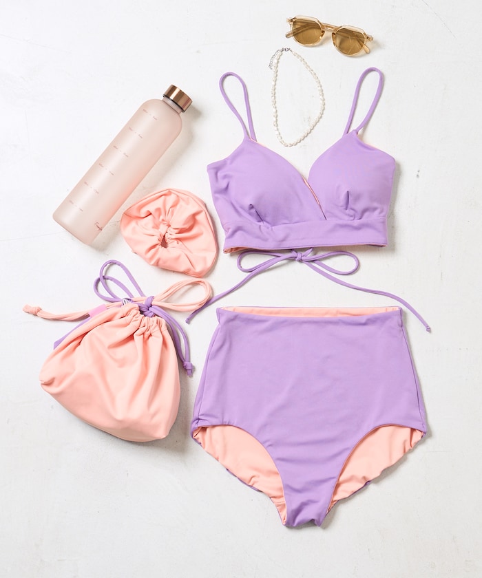 【5月25日12:00販売開始】【Beach & Festival】別注 4点セット リバーシブルレースアップセパレート<巾着バッグ・シュシュ付き＞