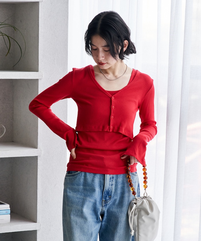 コットンモダール タンクセット リブショートカーディガン