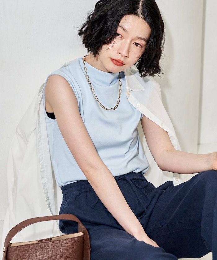 コットンモダール ボトルネックノースリーブTシャツ