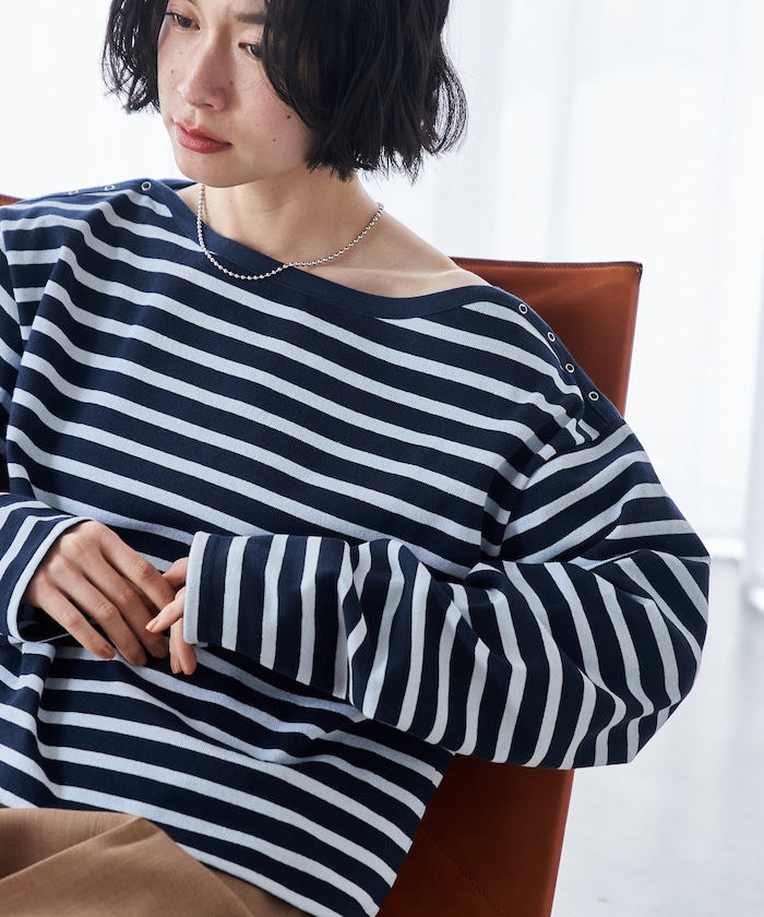 別注 バスクボーダー サイドボタン ルーズプルオーバー