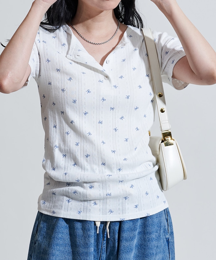 リボン柄 針抜きフライス ヘンリーネックTシャツ