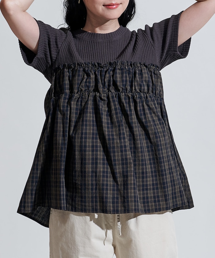 アーミーリブ チェック ドッキングTシャツ
