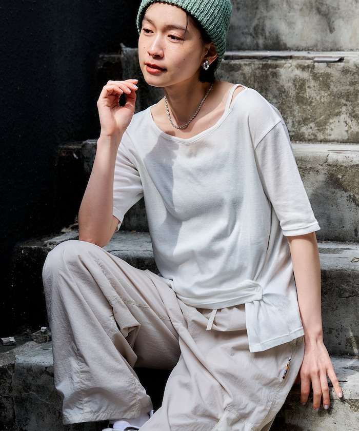 ＜カシミヤ入り＞ ガーゼフライス アシンメトリーネック 5分袖Tシャツ