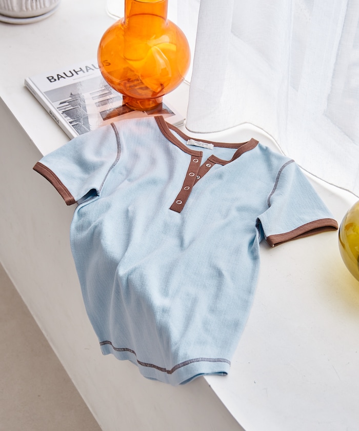 Wフェイス 配色 ヘンリーネックTシャツ