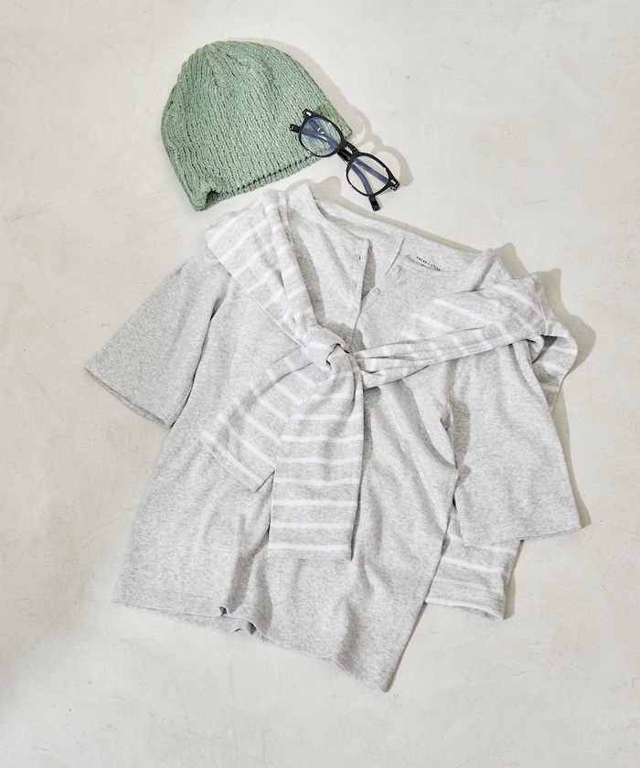 コットンモダール ヘンリーネック 5分袖Tシャツ