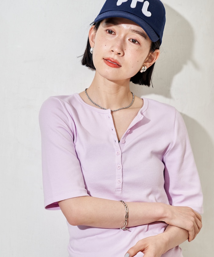 コットンモダール ヘンリーネック 5分袖Tシャツ