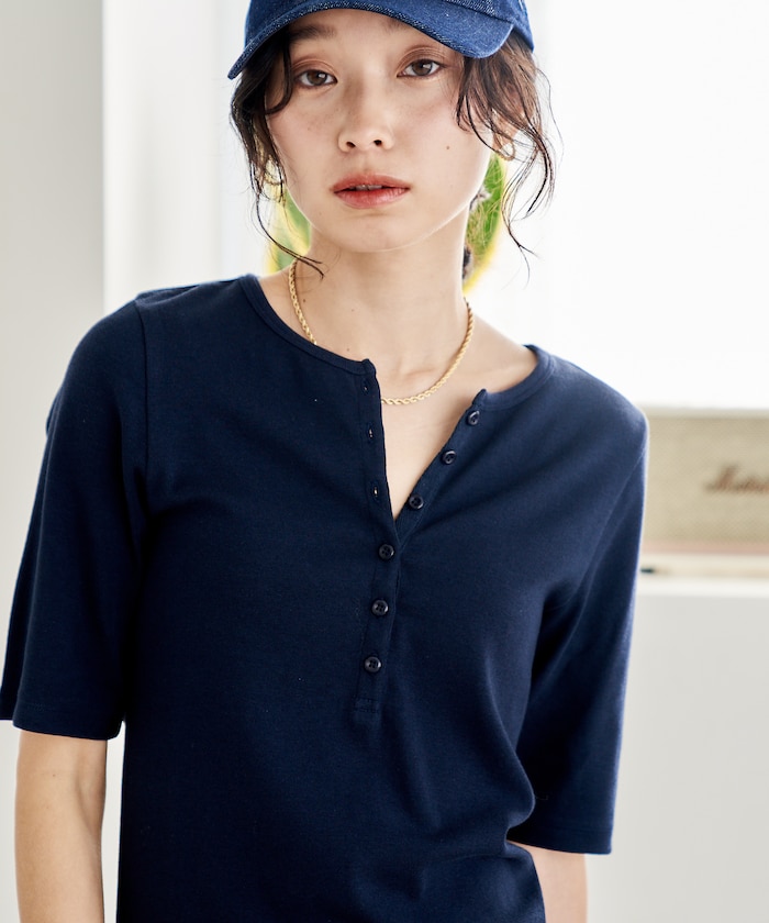 コットンモダール ヘンリーネック 5分袖Tシャツ