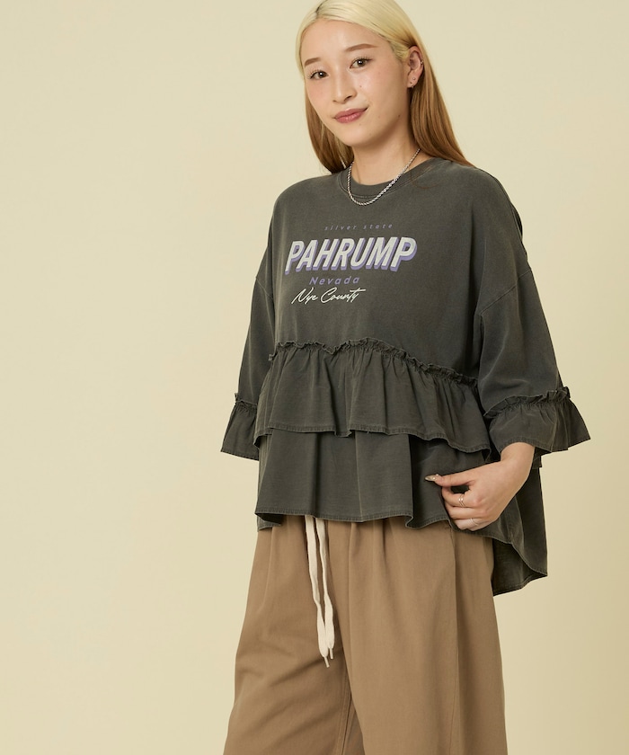 ティアードフリルロゴ切替 7分袖Tシャツ
