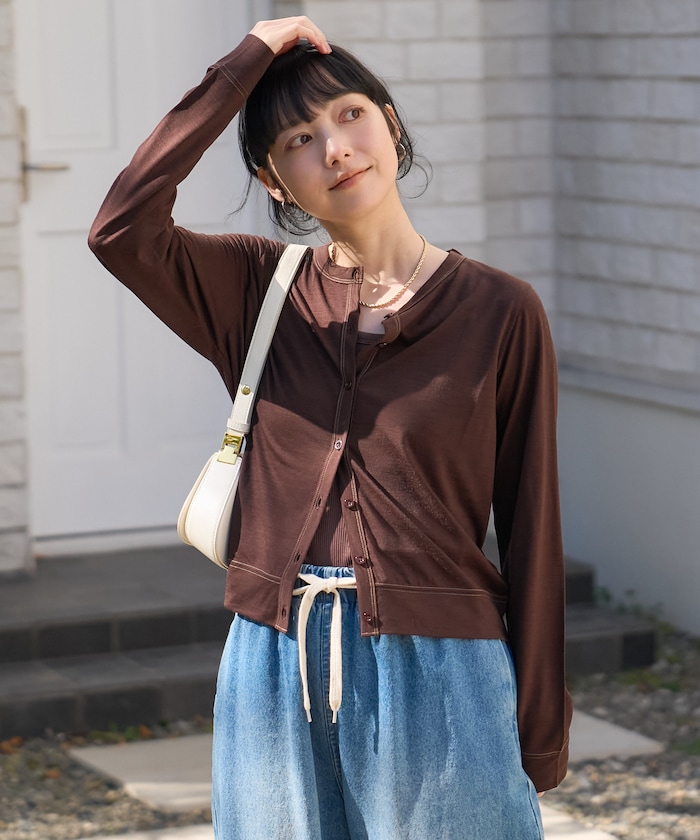 <サマーウールブレンド> とろみ 配色ステッチ カーディガン