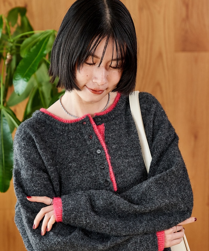 配色 ヘンリーネック ニットプルオーバー