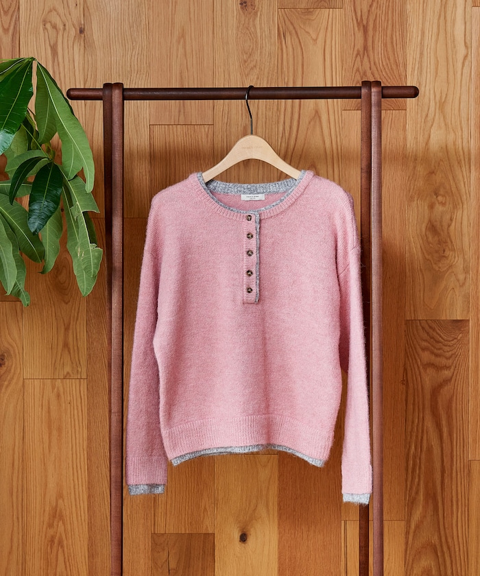 配色 ヘンリーネック ニットプルオーバー