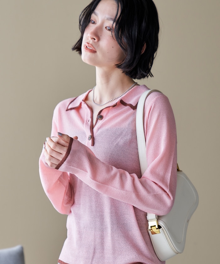 シアー 配色 トリム ポロ襟ニット