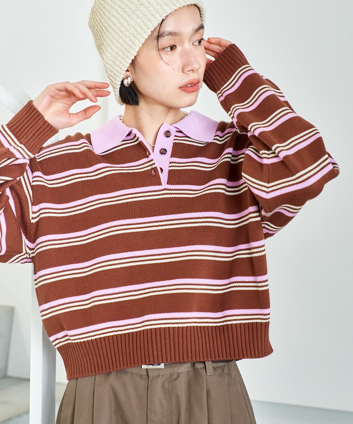 ポロ襟 ボーダー ショートニット