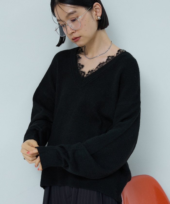 V領蕾絲針織套頭衫 限定展開