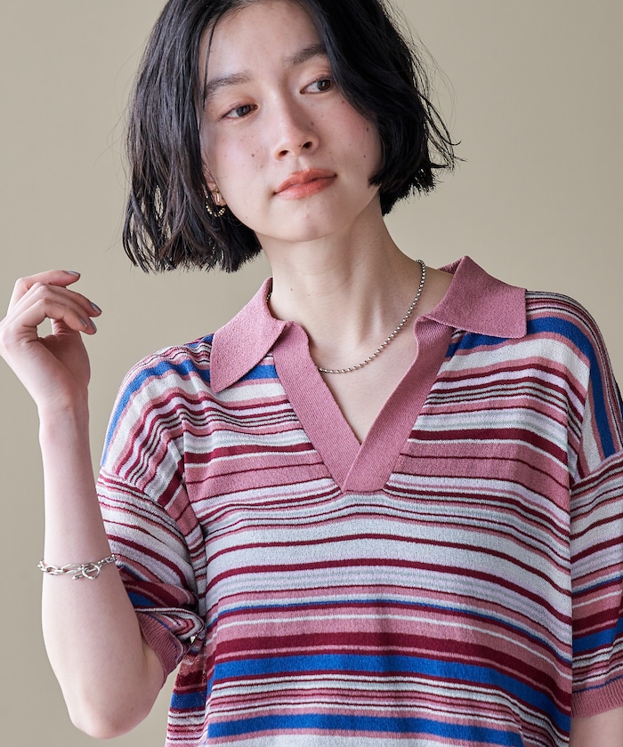 シアー スキッパー5分袖 サマーニット