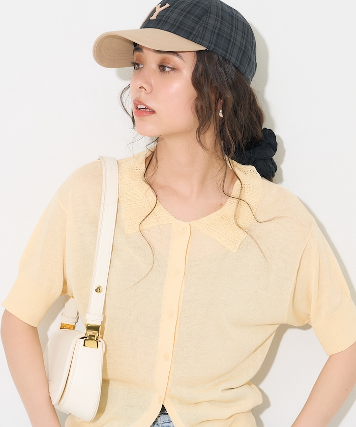 レース襟 ポロニット 半袖カーディガン