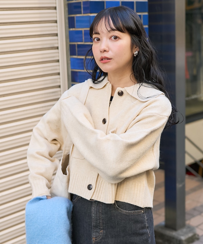 FREAK'S STORE/襟付き ポケットショートニットカーディガン