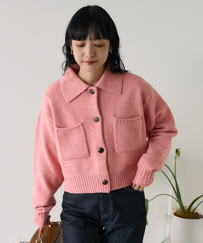 【FREAK'S STORE】 襟付き ポケットショートニットカーディガン/クロップド丈ニット female 【FREAK'S STORE】 襟付き ポケットショートニットカーディガン/クロップド丈ニット female